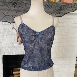 Y2k blue denim pattern tank top